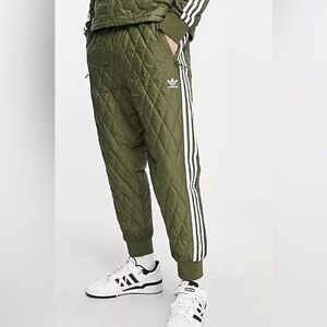 Adidas mens Olive Quilted Joggers with White Stripes